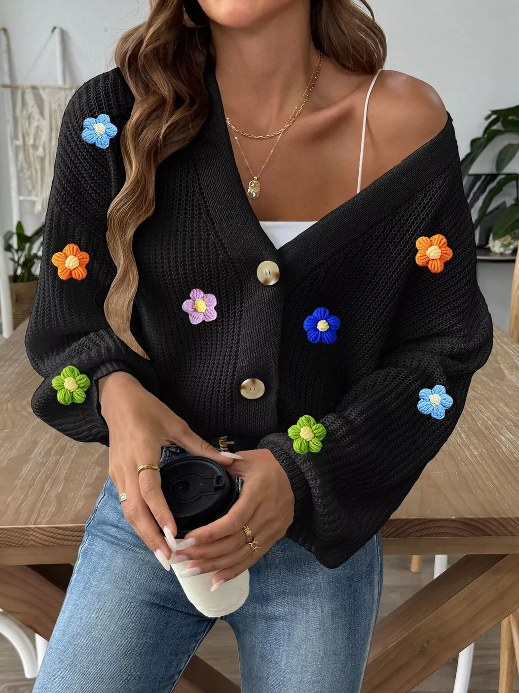 3D Floral Appliques Button Up Cardigan - Lilixa.store