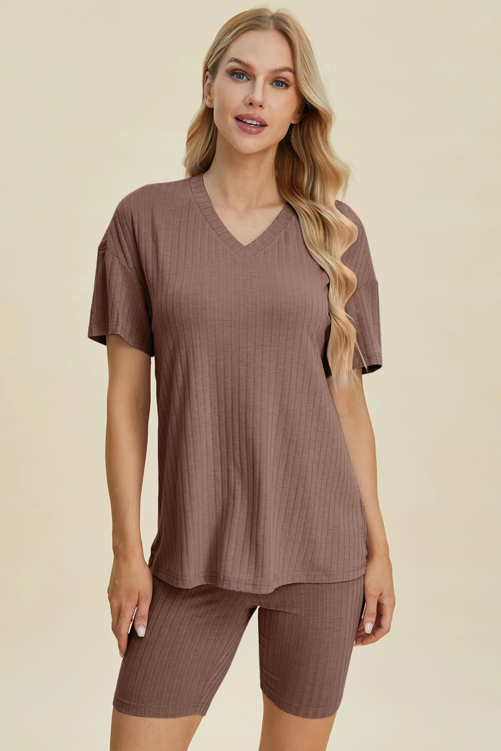 Basic Bae Full Size Ribbed V-Neck Short Sleeve Top and Shorts Set - Lilixa.store