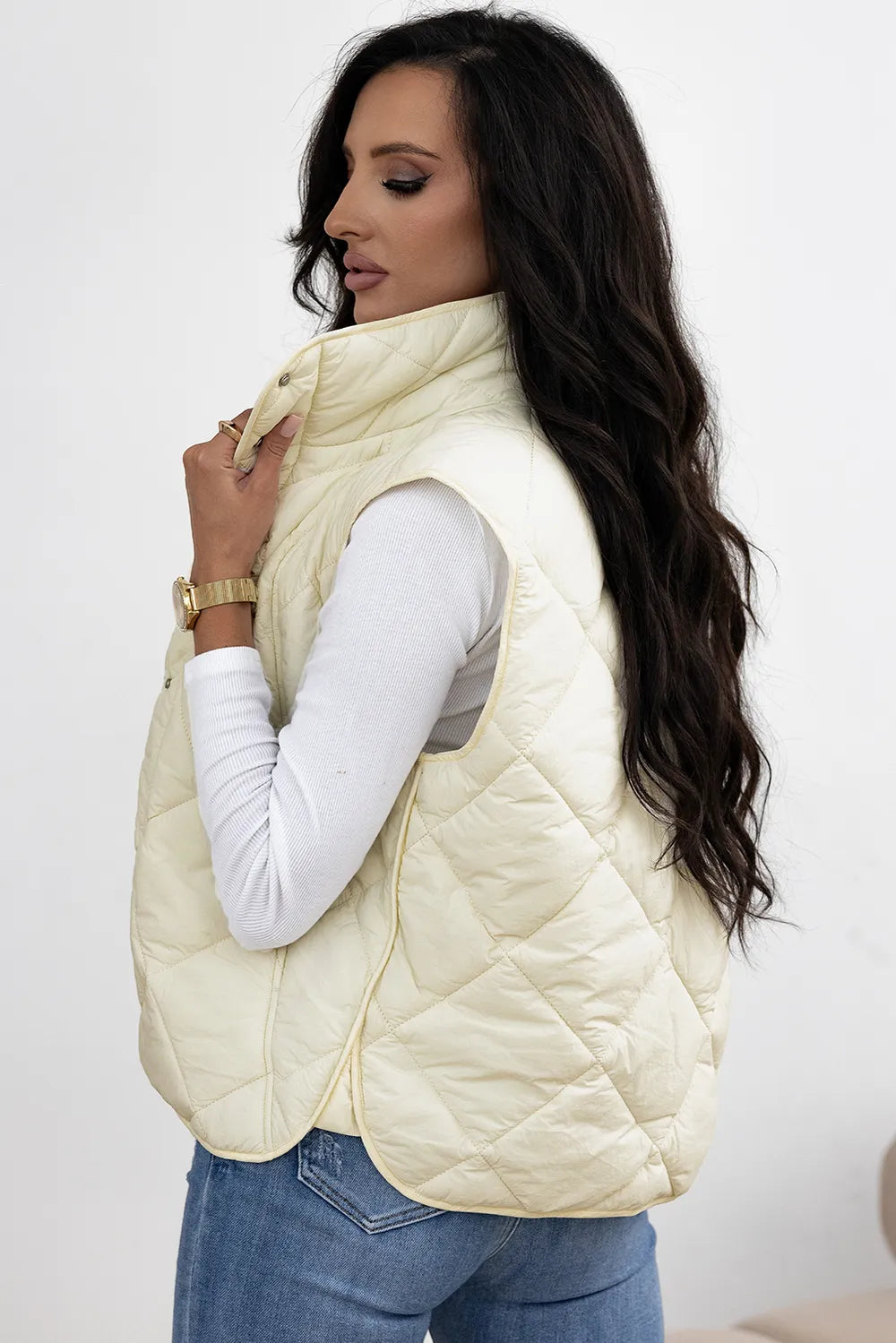 Snap Down Texture Vest Coat with Pockets, view 4