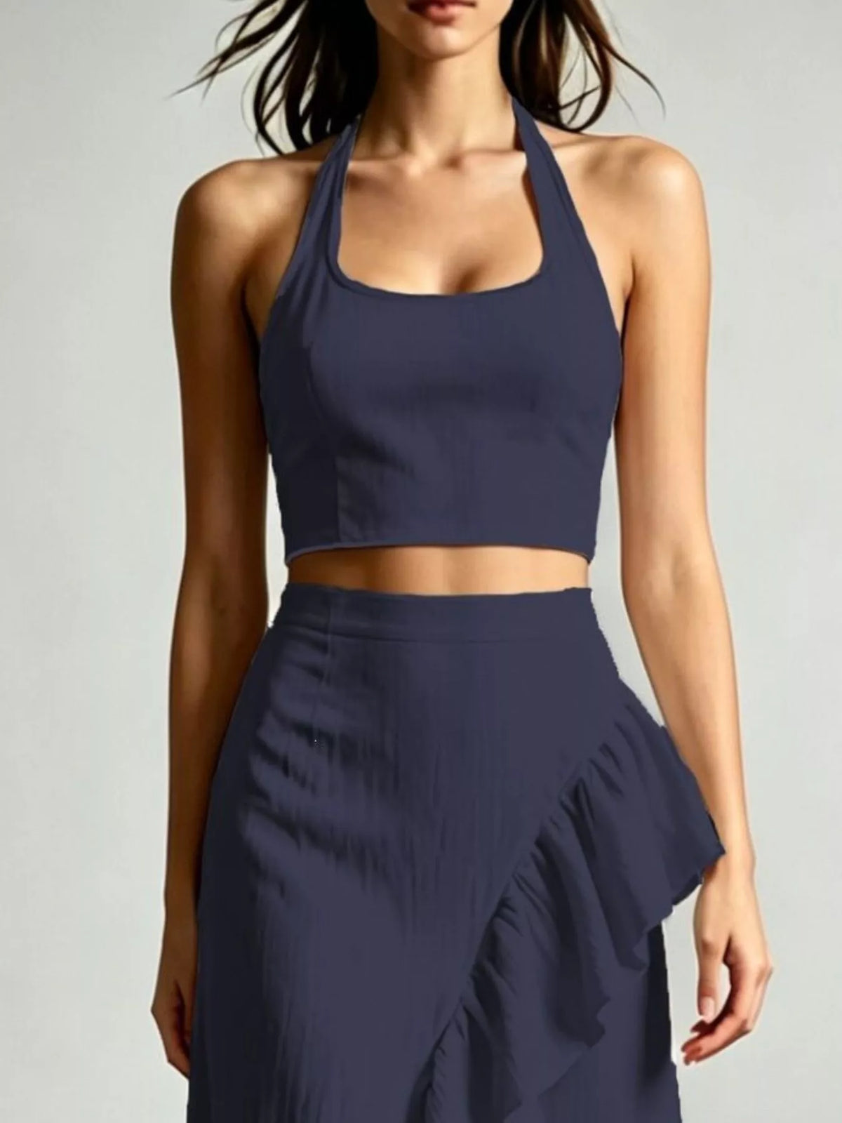 Halter Neck Crop Top and High-Low Maxi Skirt Two-Piece Set