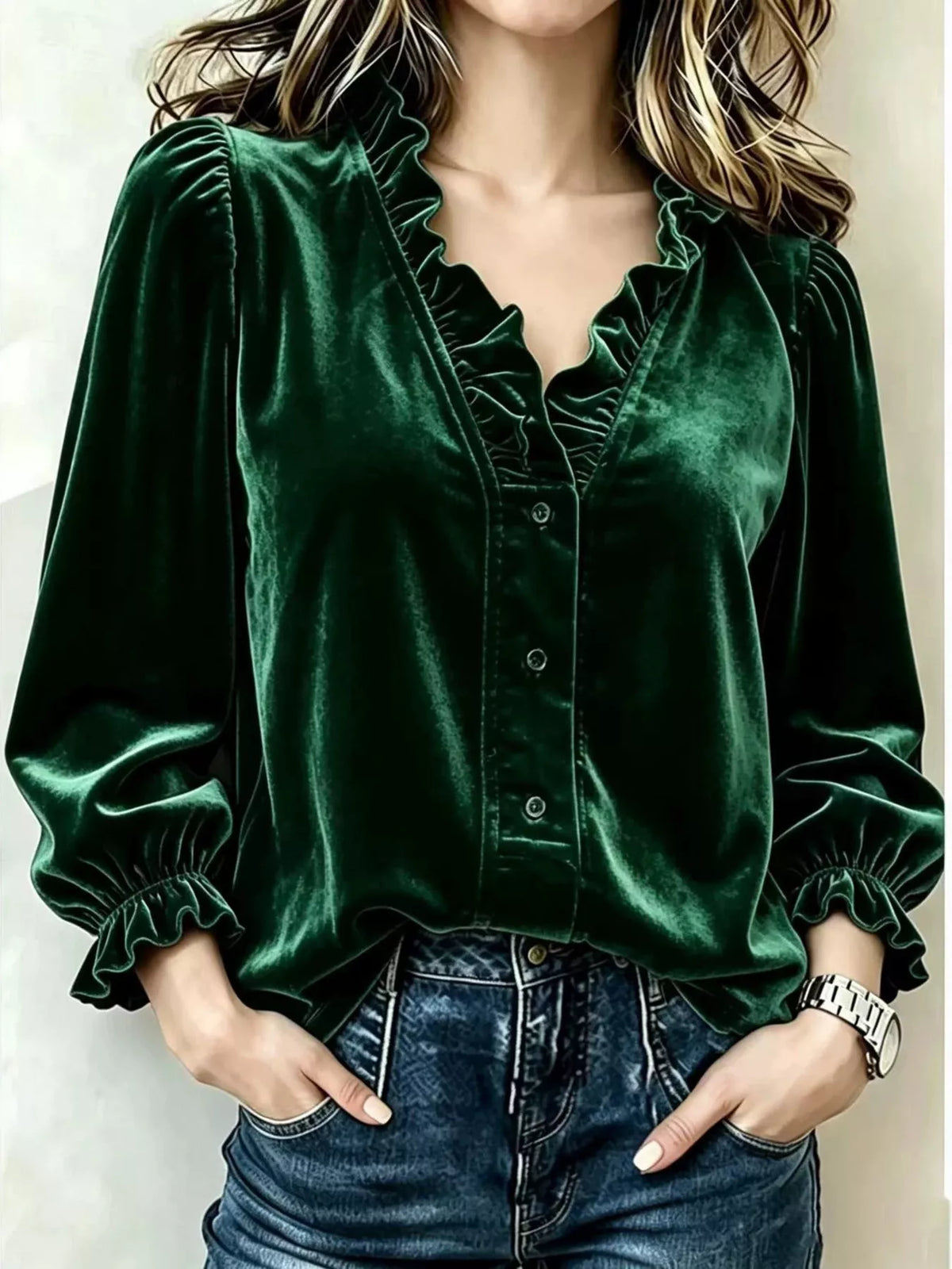 V-Neck Ruffled Velvet Button Down Blouse in Dark Green
