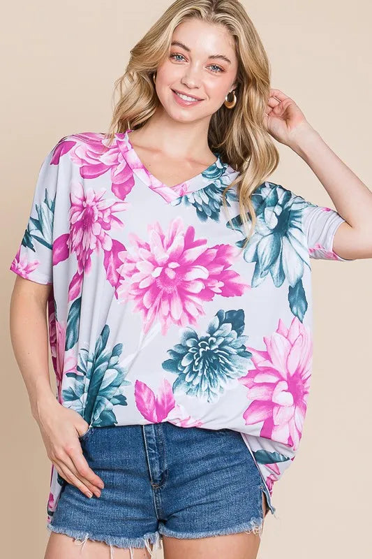 BOMBOM Floral V-Neck Short Sleeve T-Shirt - Lilixa.store