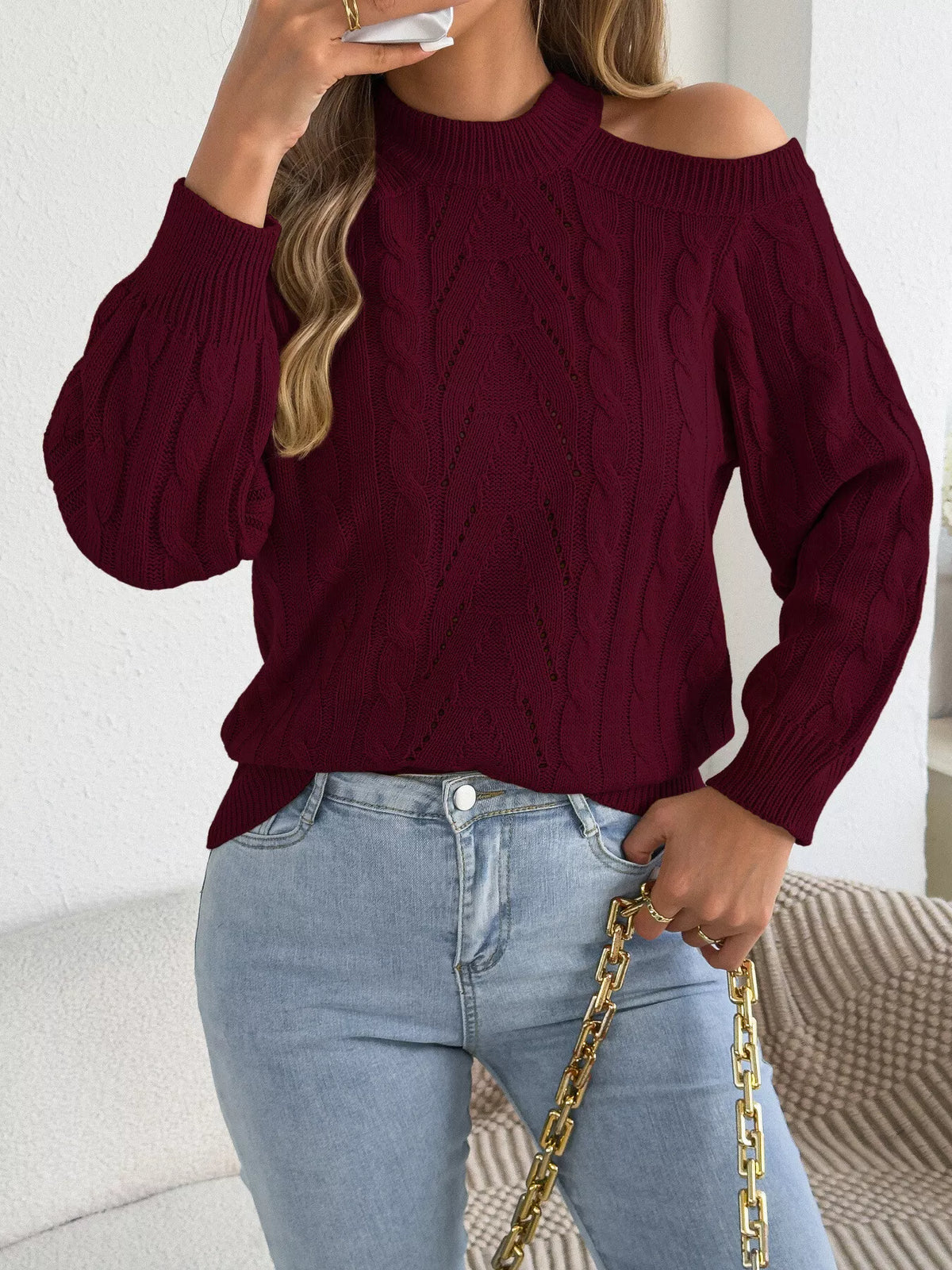 Cold Shoulder Cable Knit Sweater