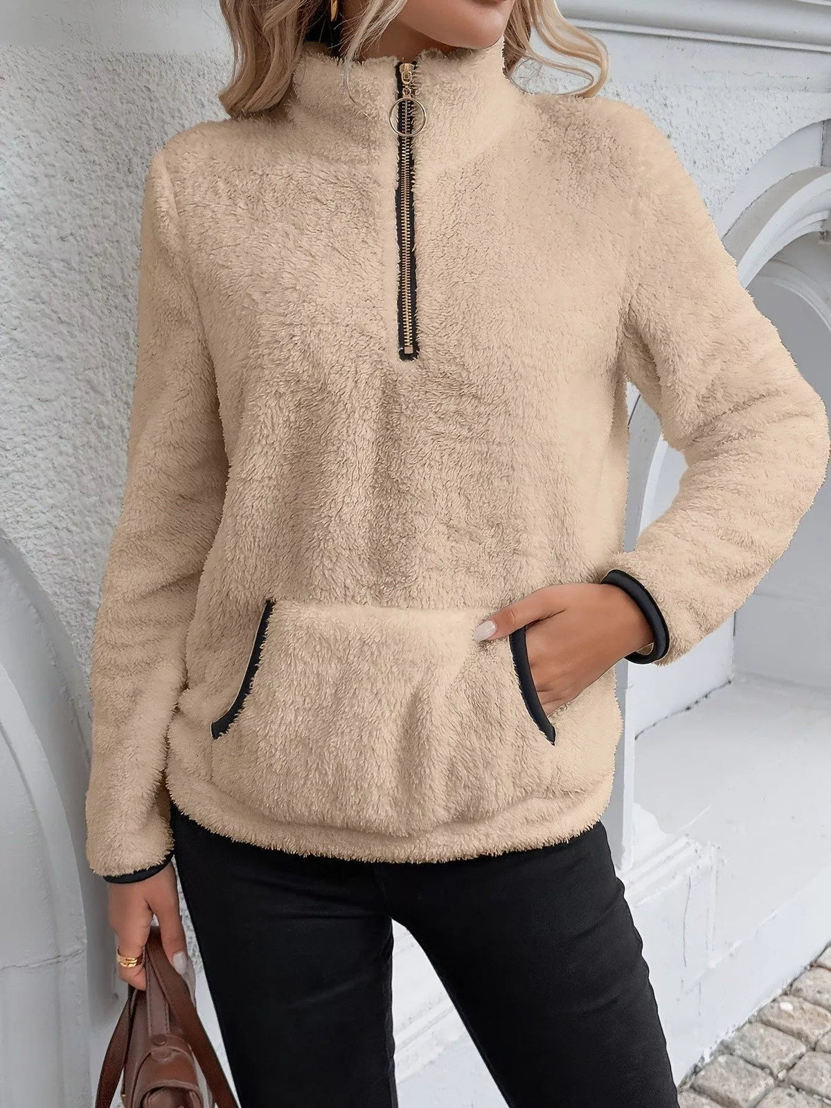 Full Size Cozy Fleece Quarter Zip Long Sleeve Sweatshirt Plus Size - Lilixa.store