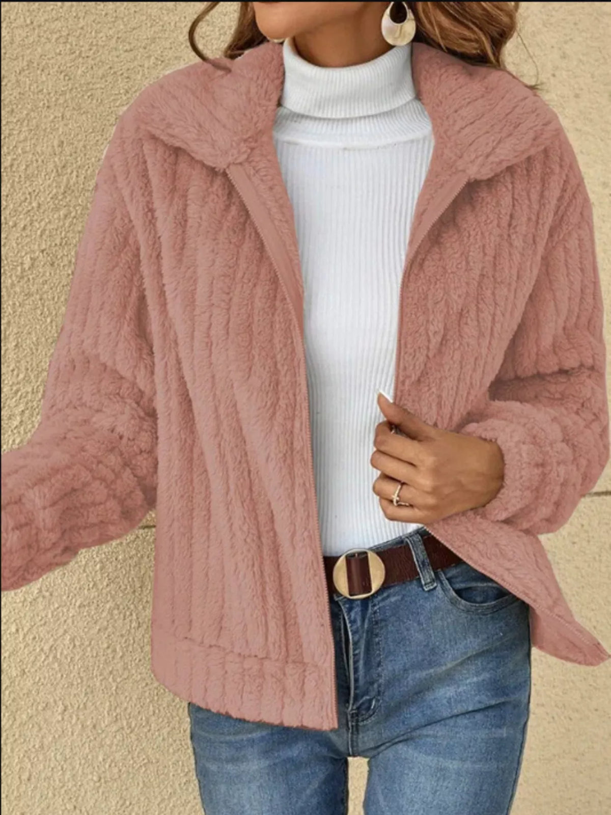 Full Size Zip-Up Long Sleeve Texture Jacket Plus Size in Pink