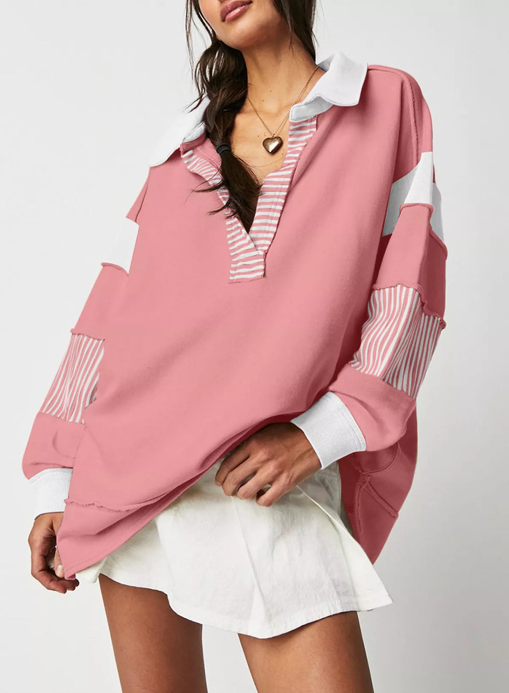Color Block Striped Johnny Collar Sweatshirt - Lilixa.store