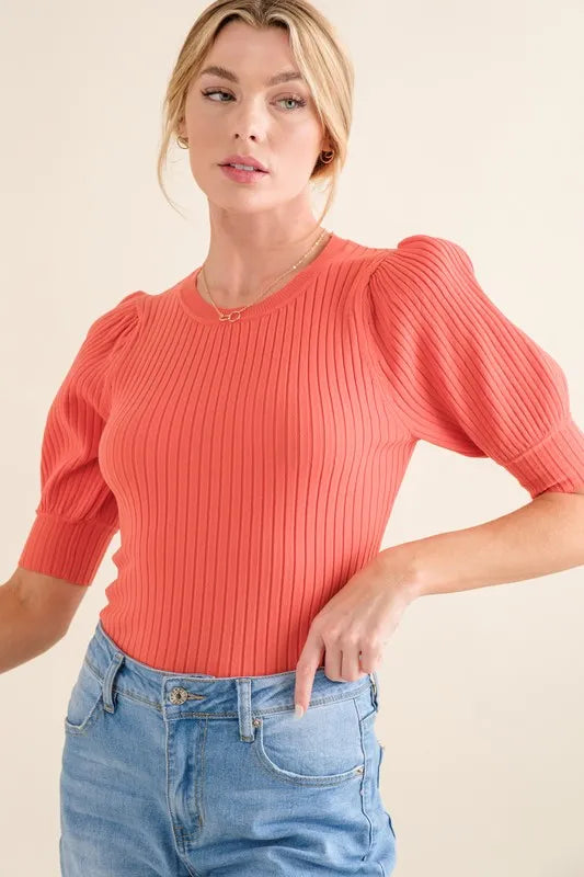And The Why Puffed Half Sleeve Rib Basic Bodysuit - Lilixa.store