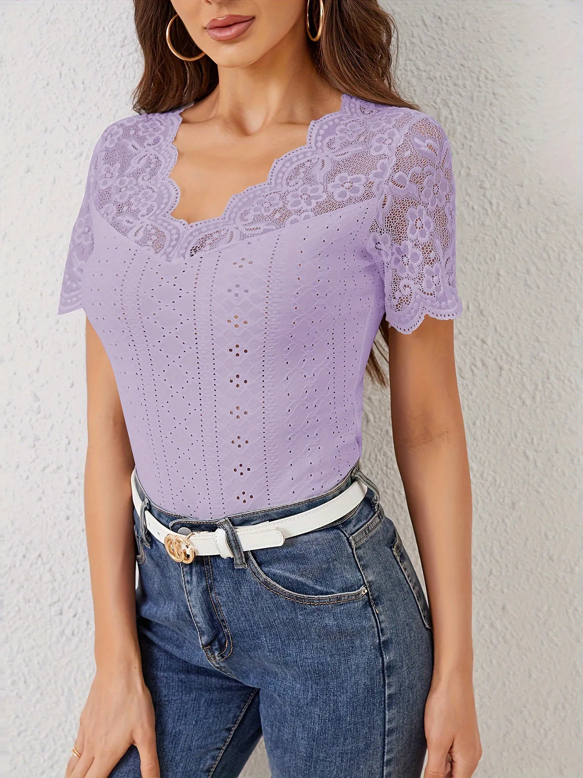Lace Scalloped V-Neck Eyelet T-Shirt - Lilixa.store