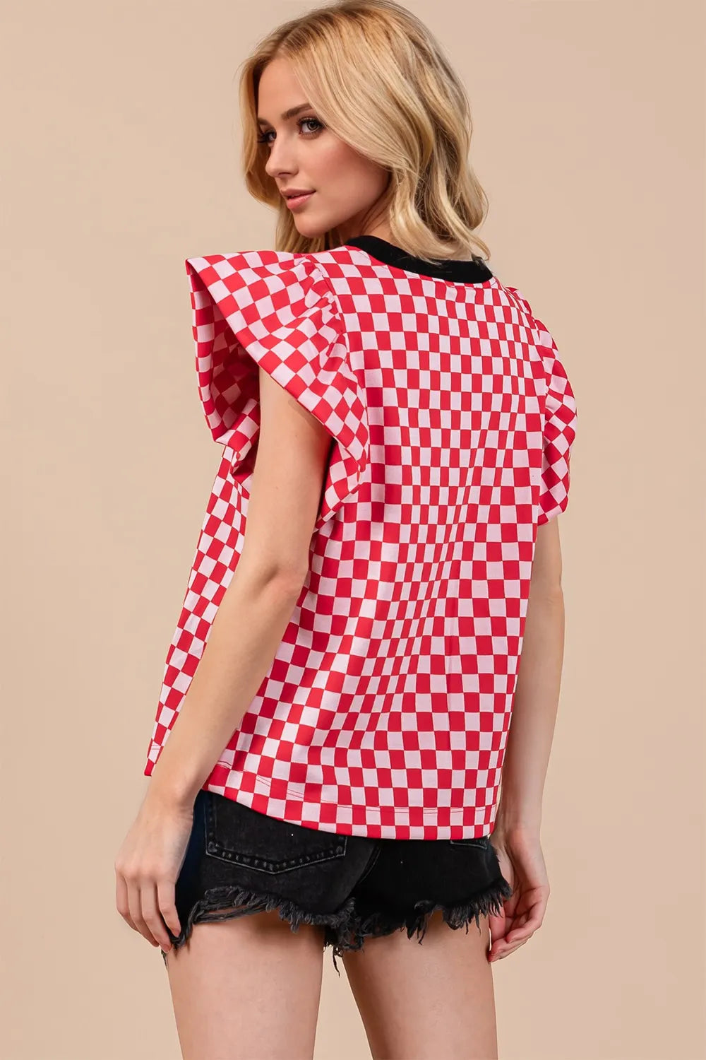 Oh Checkered Round Neck Puff Sleeve Blouse, view 2