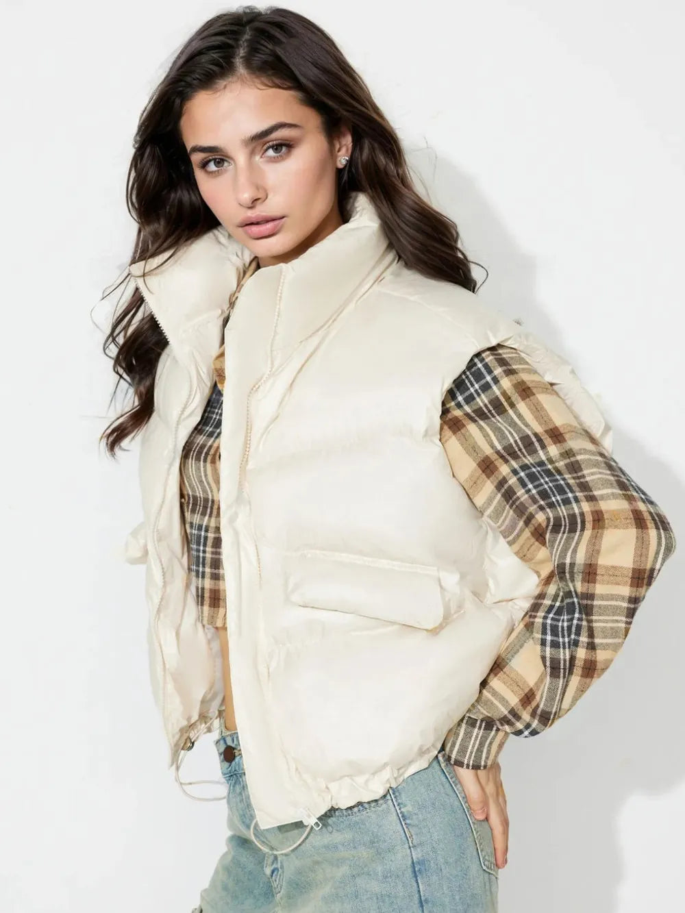 Zip Up Vest Coat with Pockets in Cream, view 4