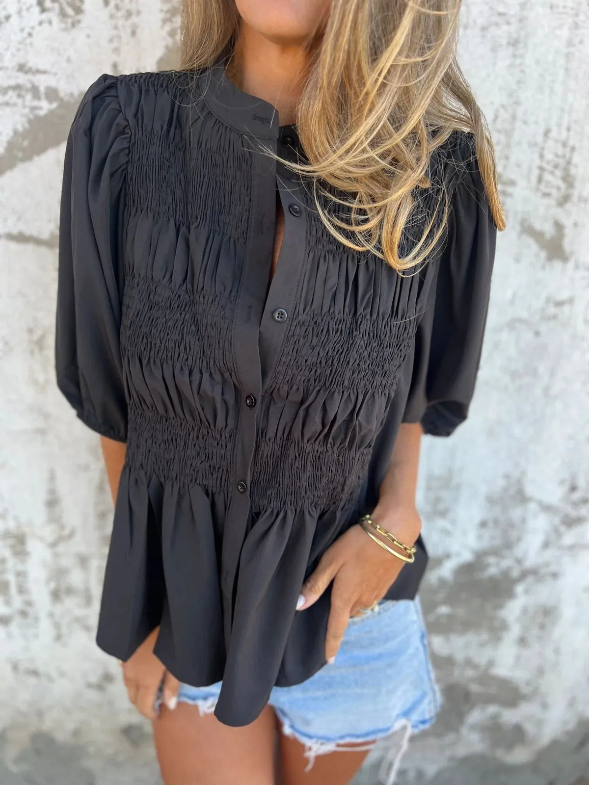 Full Size Smocked Puff Sleeve Blouse Plus Size - Lilixa.store