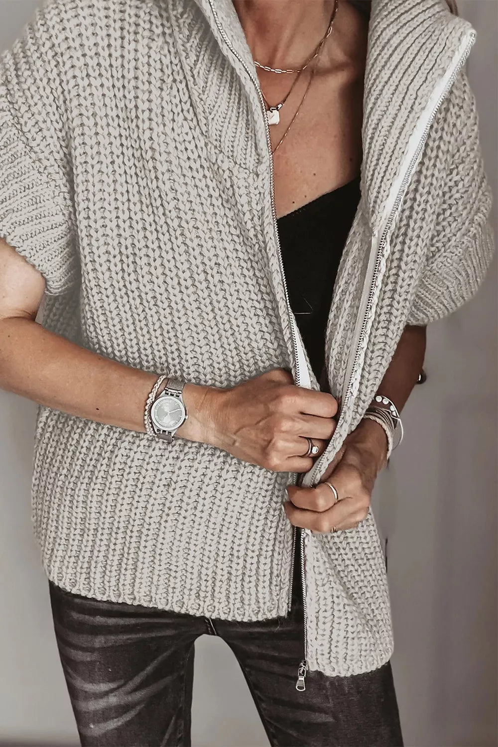 Solid Color Short Sleeve Zipper Knit High Neck Sweater