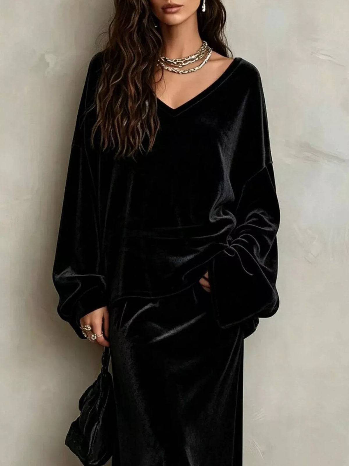 V-Neck Velvet Long Sleeve Top and Maxi Skirt Two-Piece Set