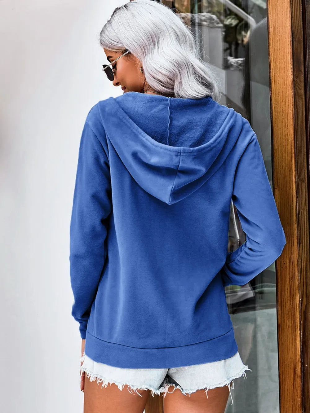 Drawstring Zip Up Hooded Jacket in Royal Blue, view 2