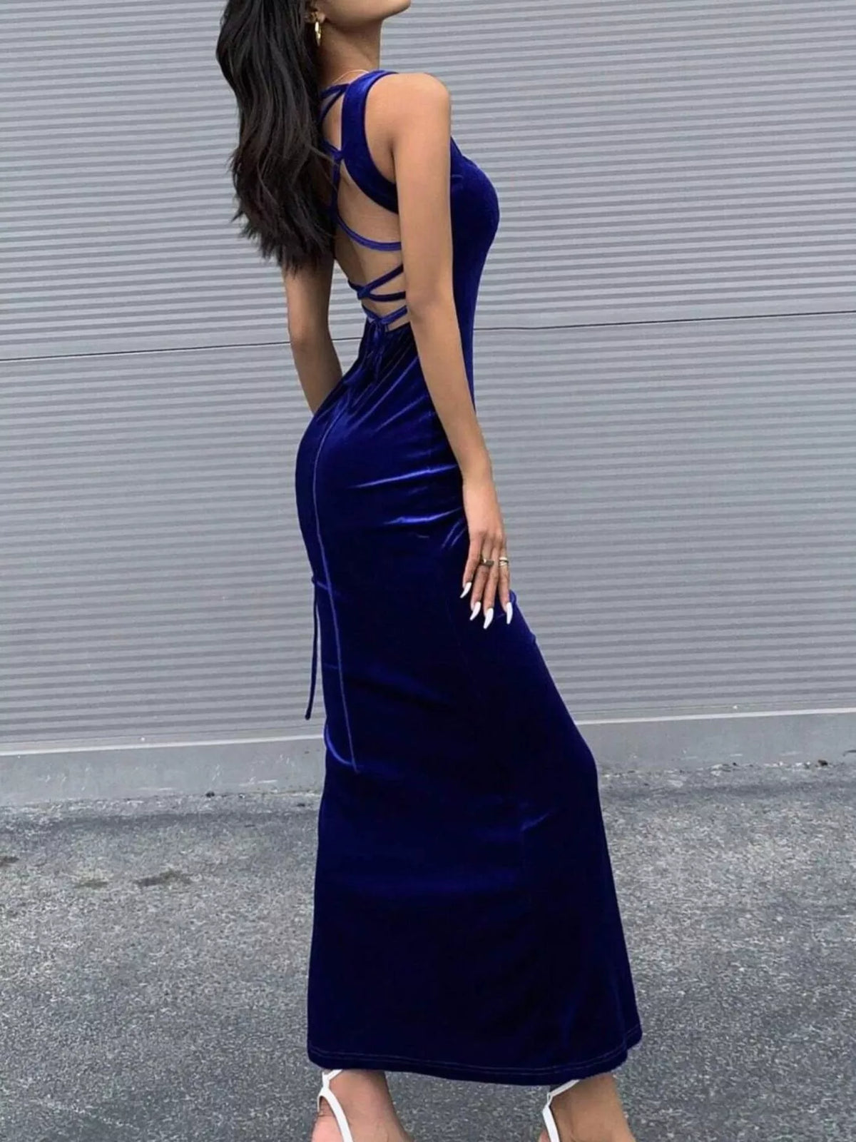 Backless Velvet Bodycon Maxi Dress with Back Lace Up in Royal Blue, view 6