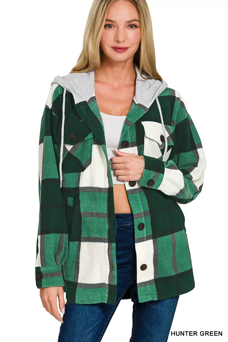 Zenana Plaid Drawstring Hooded Fleece Shacket in Hunter Green, view 2