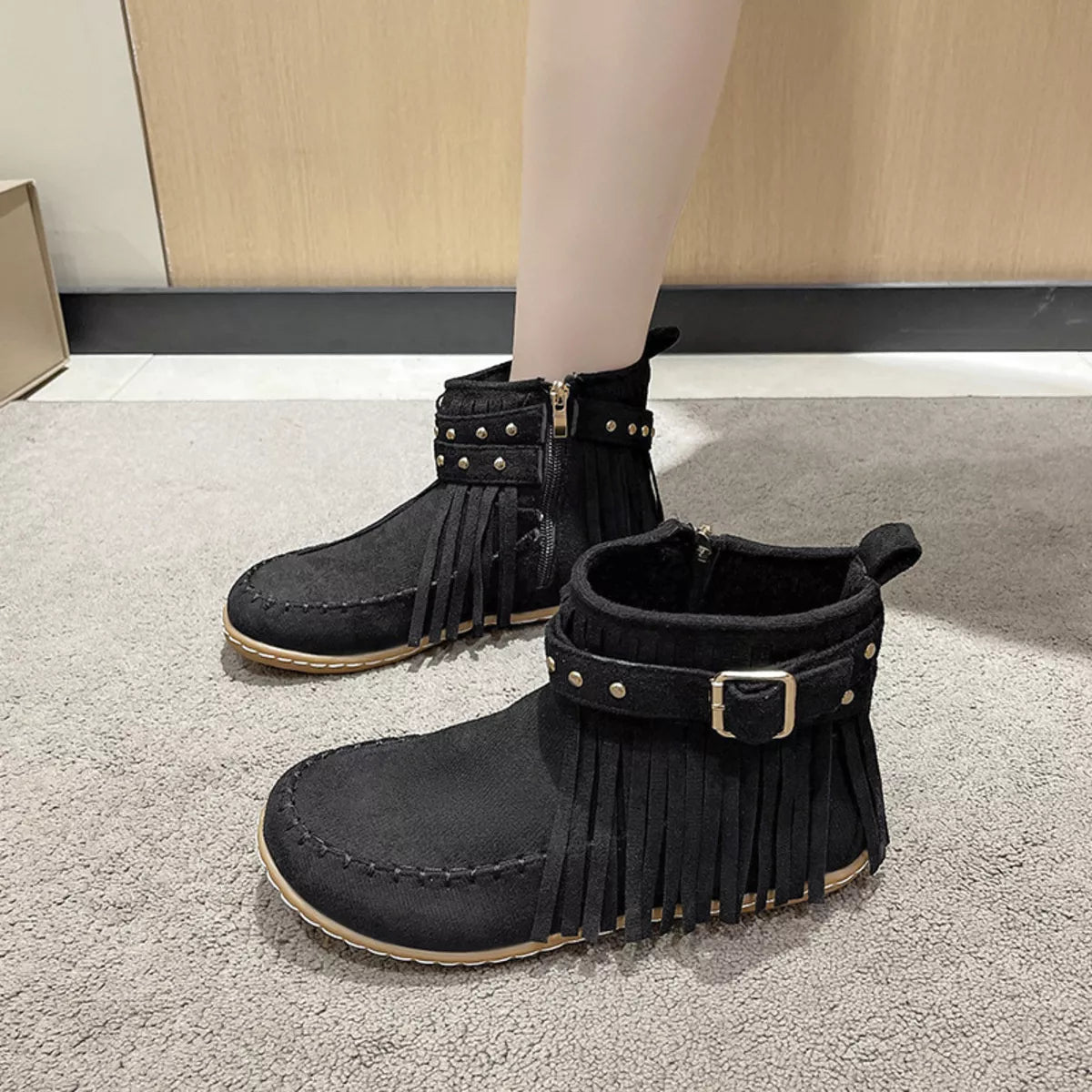 Fringe Round Toe Flats Boots - Lilixa.store