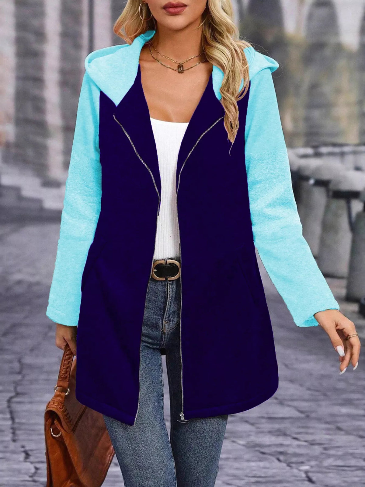 Full Size Zip Up Hooded Longline Outerwear Plus Size in Navy
