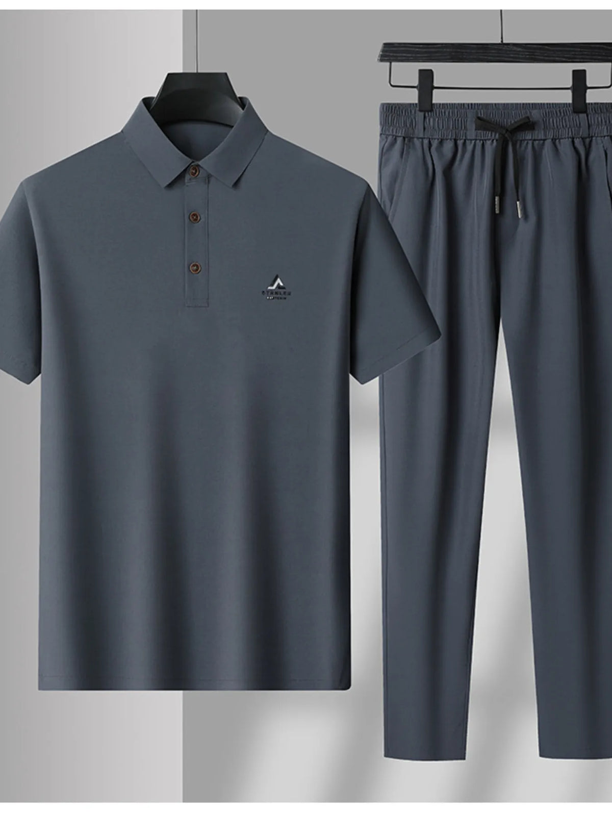 Men's Plus Size Button Detail Short Sleeve Polo and Pants Set in Blue Gray