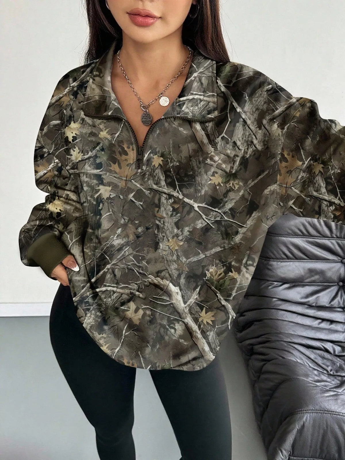 Quarter-Zip Printed Sweatshirt with Ribbed Cuffs - Lilixa.store