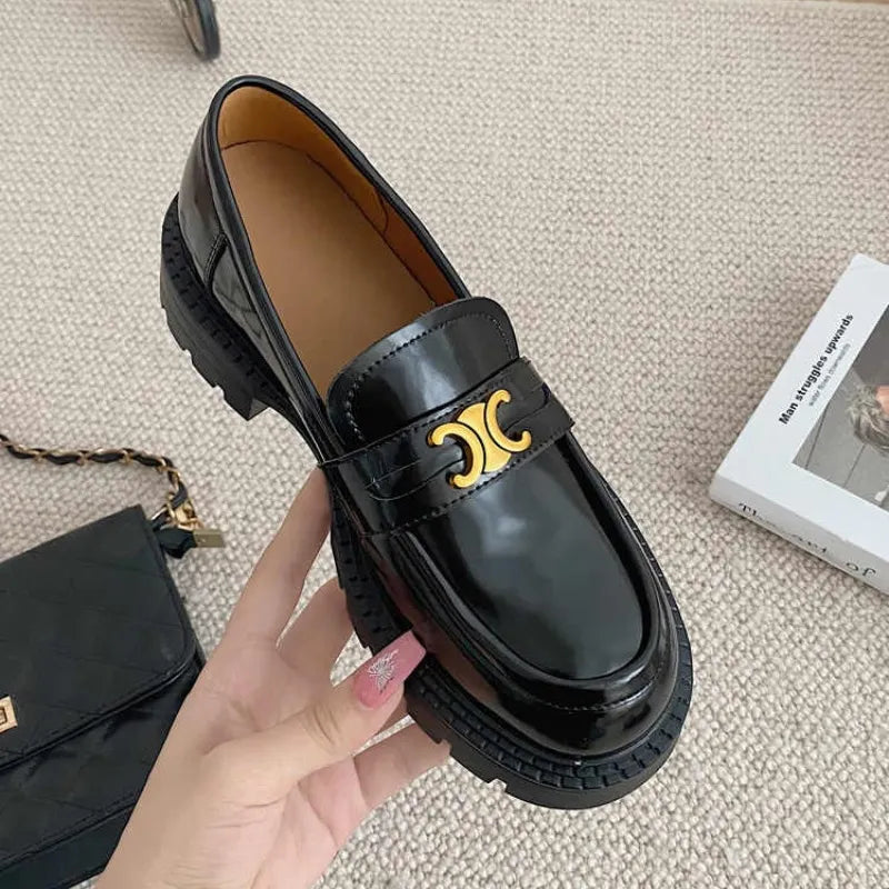 Round Toe Block Heel Loafers in Black Light, view 3