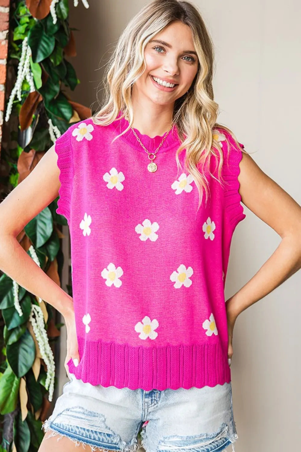 First Love Full Size Flower Pattern Round Neck Sweater Vest - Lilixa.store