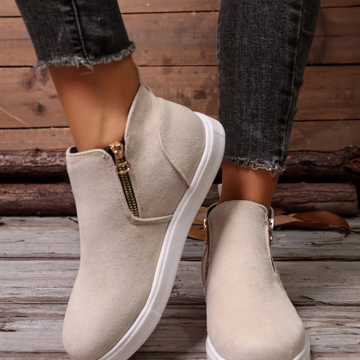 Suede Ankle Boots with Side Zipper in Beige