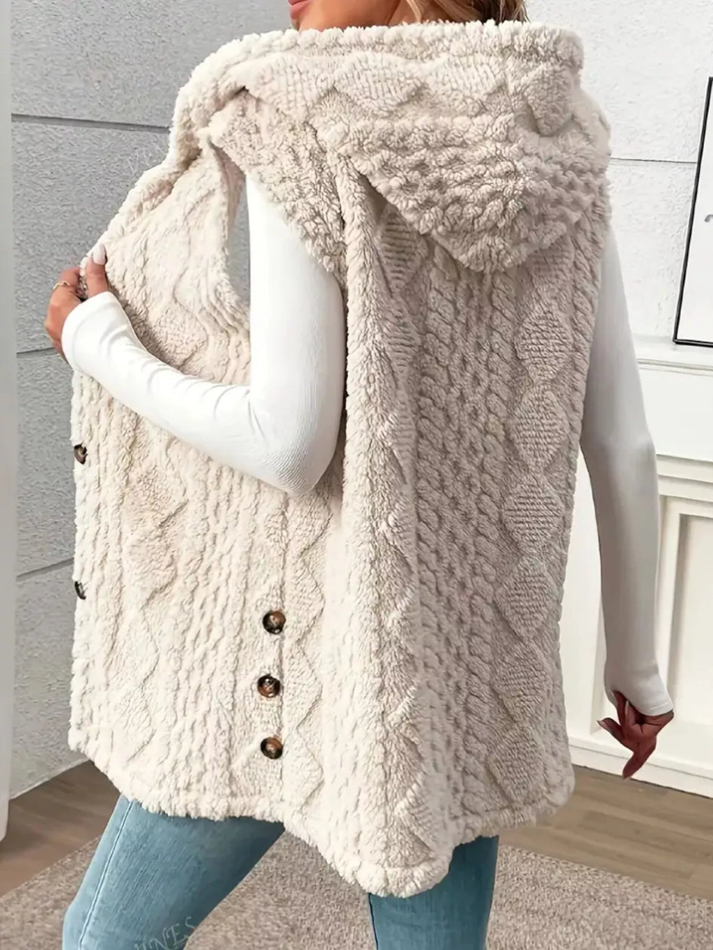 Hooded Button-Up Sherpa Vest Coat - Lilixa.store