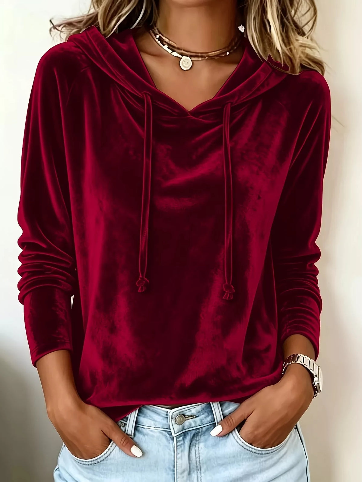 Full Size Velvet Drawstring Long Sleeve Hoodie Plus Size in Burgundy