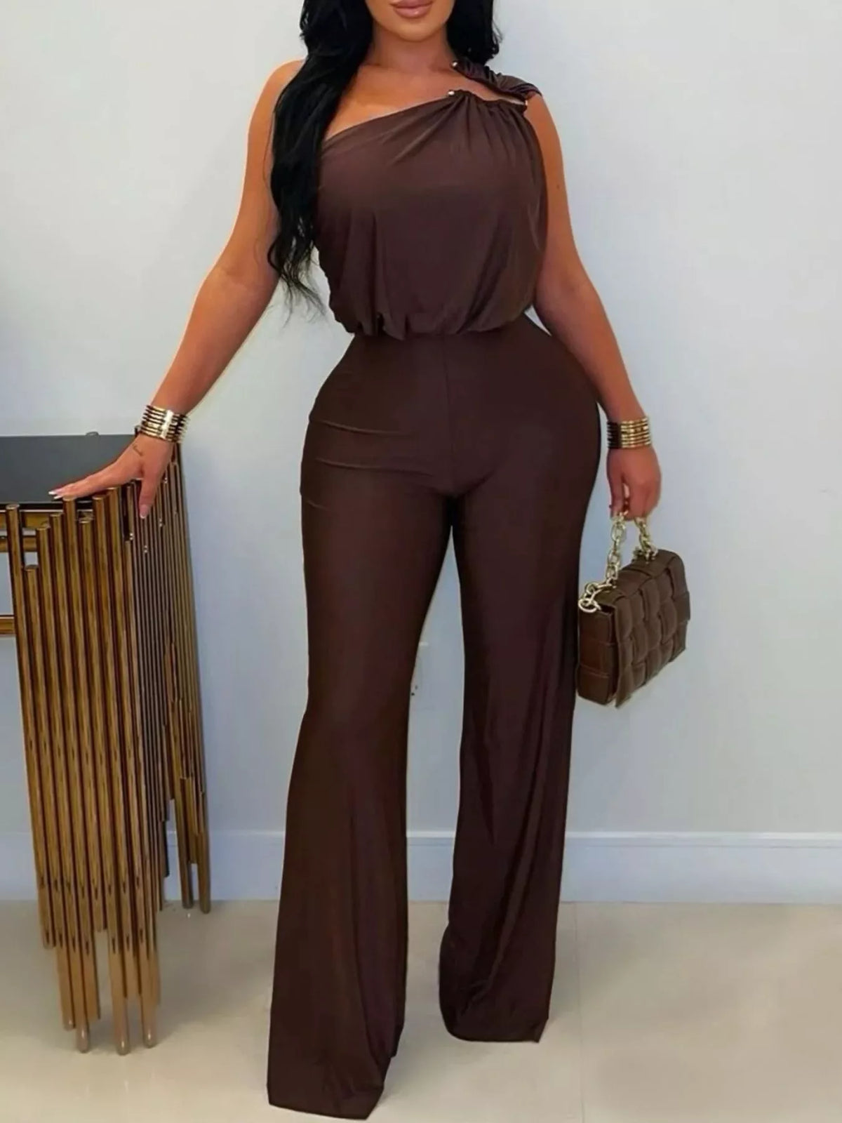 One-Shoulder Wide-Leg Jumpsuit in Chocolate