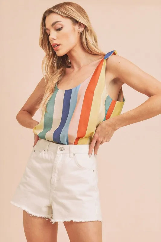 Aemi + Co Contrast Striped Scoop Neck Tie Shoulder Tank in Blue/Yellow/Red