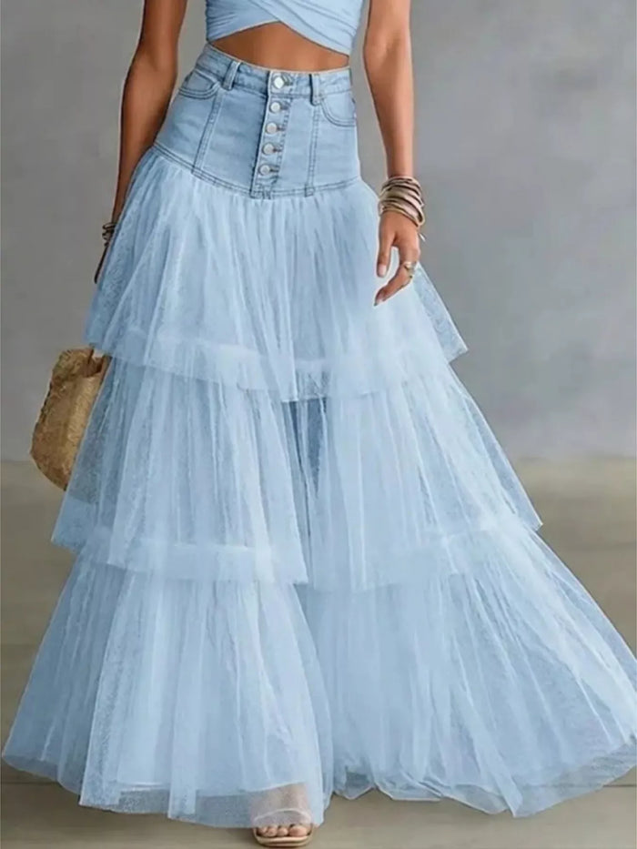 High-Waisted Button-Front Denim and Tulle Maxi Skirt - Lilixa.store