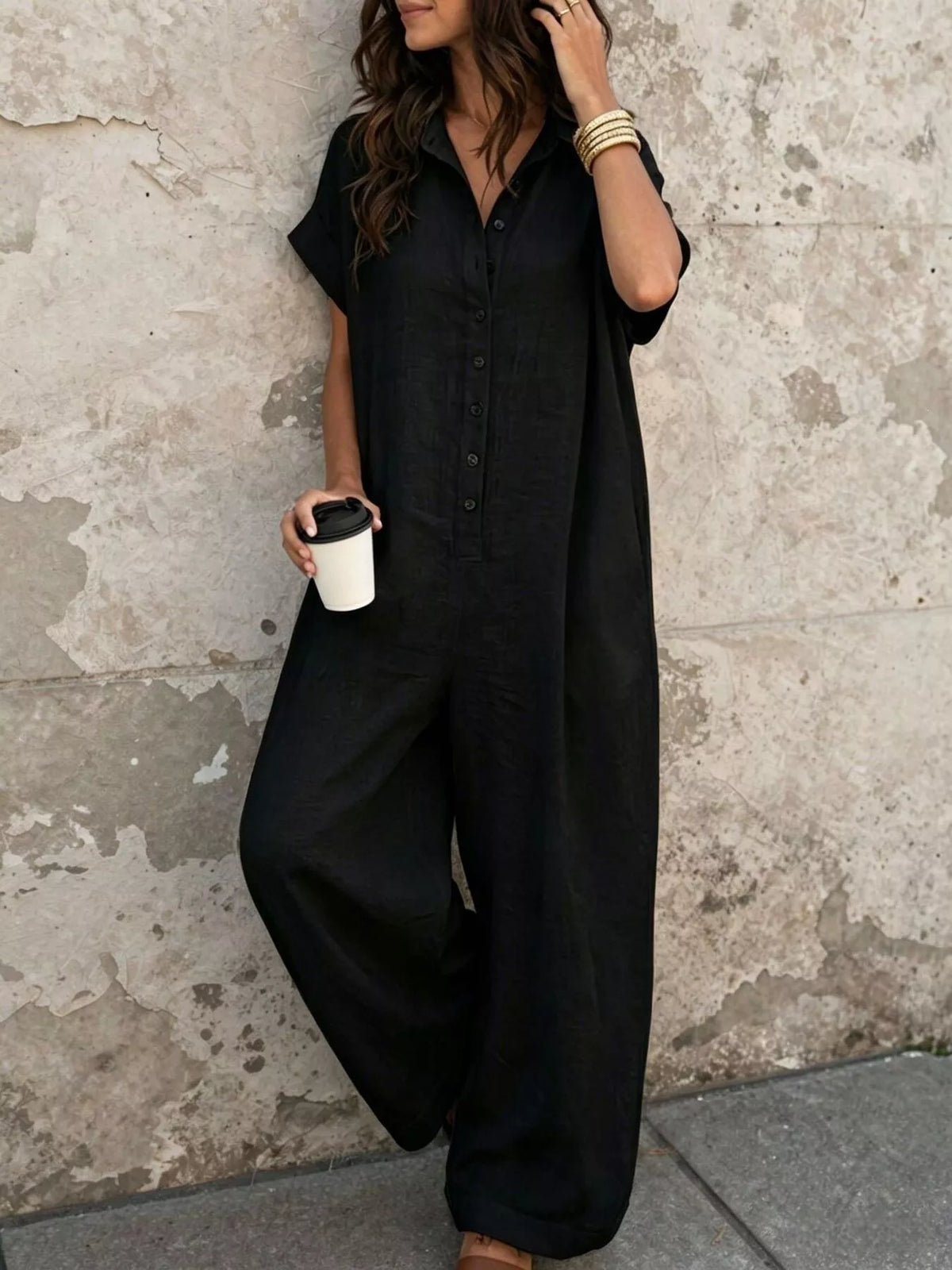 Button Front Short Sleeve Jumpsuit - Lilixa.store