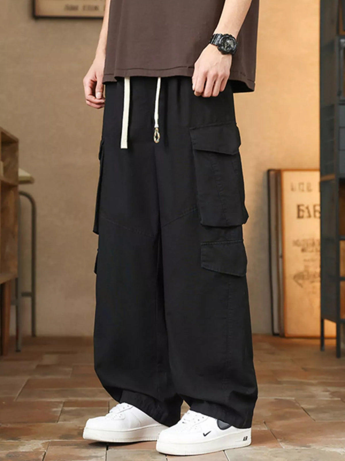 Men's Plus Size Loose Fit Cargo Pants with Drawstring in Black