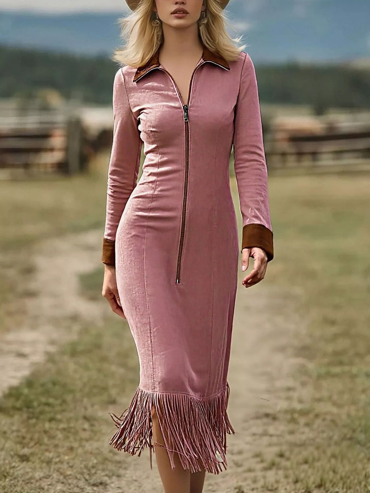 Full Size Fringe Hem Zip Front Midi Dress Plus Size in Dusty Pink