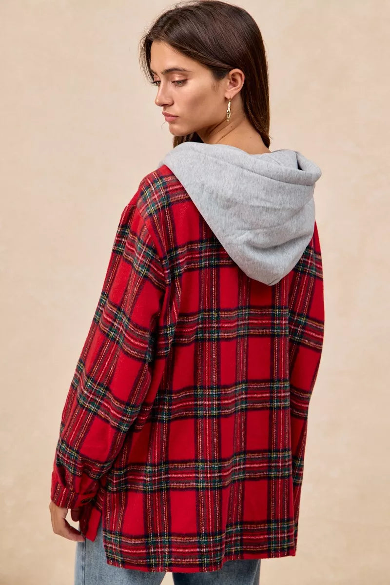 BiBi Brushed Plaid Hooded Jacket in Red Plaid, view 21