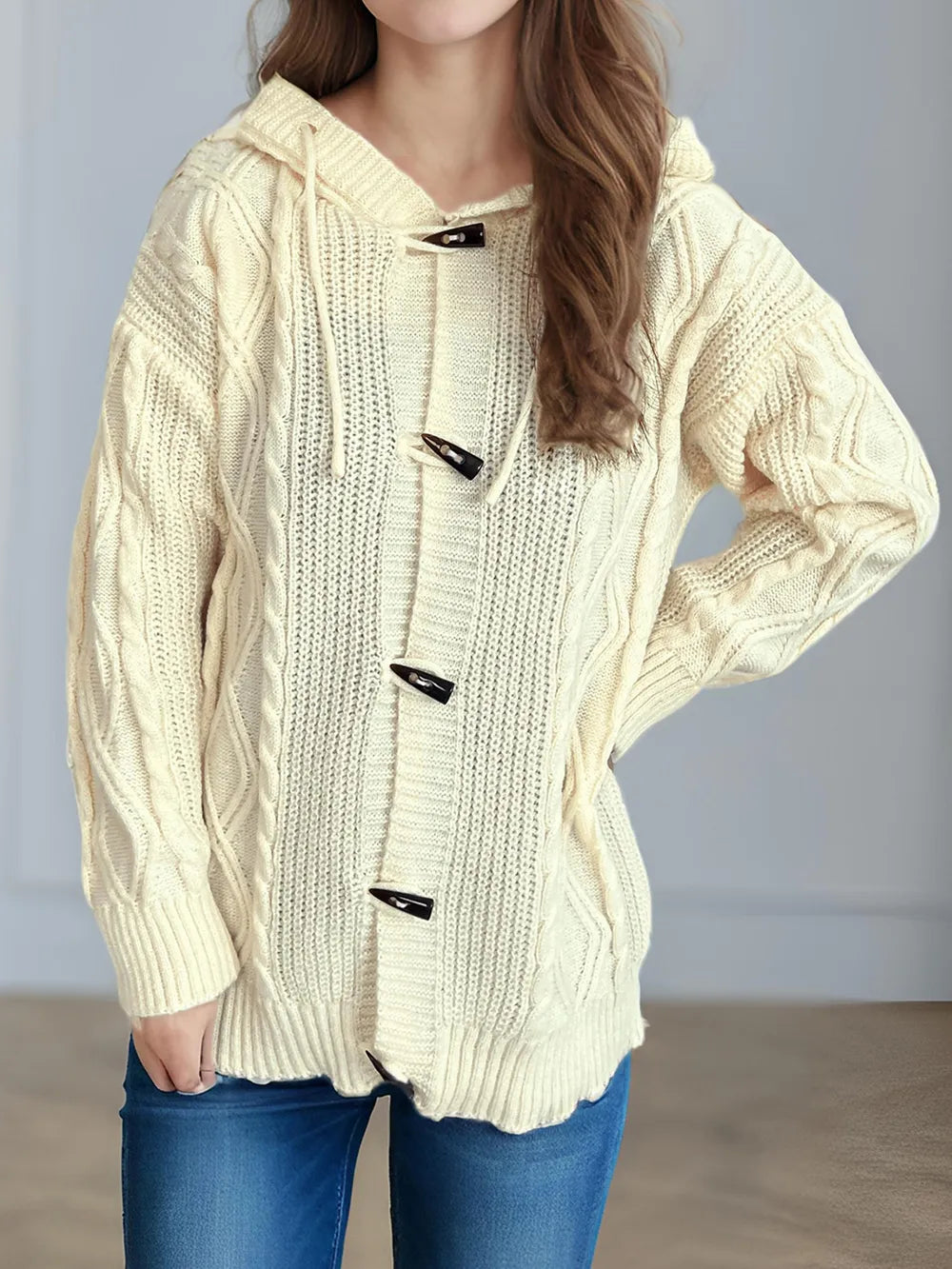 Cable-Knit Long Sleeve Hooded Cardigan - Lilixa.store