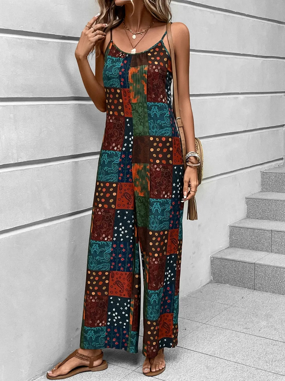 Printed Scoop Neck Spaghetti Strap Jumpsuit - Lilixa.store