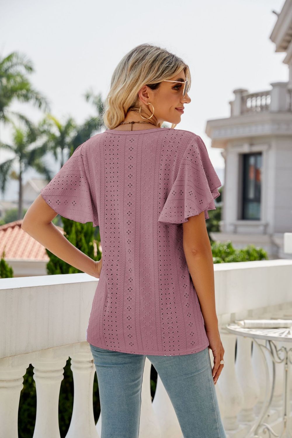 Eyelet Flutter Sleeve Round Neck Top, view 17