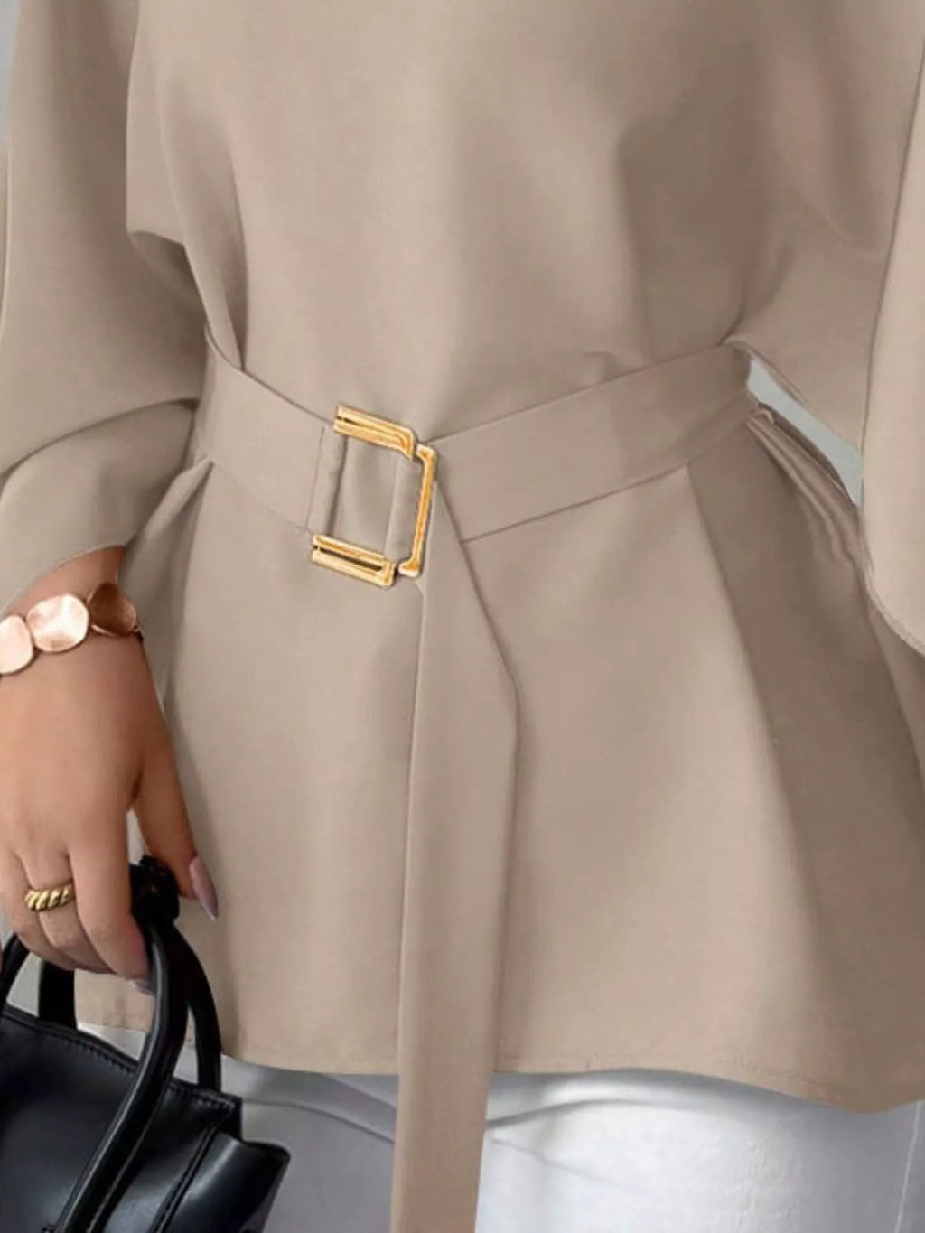 Round Neck Belt Batwing Sleeve Blouse - Lilixa.store