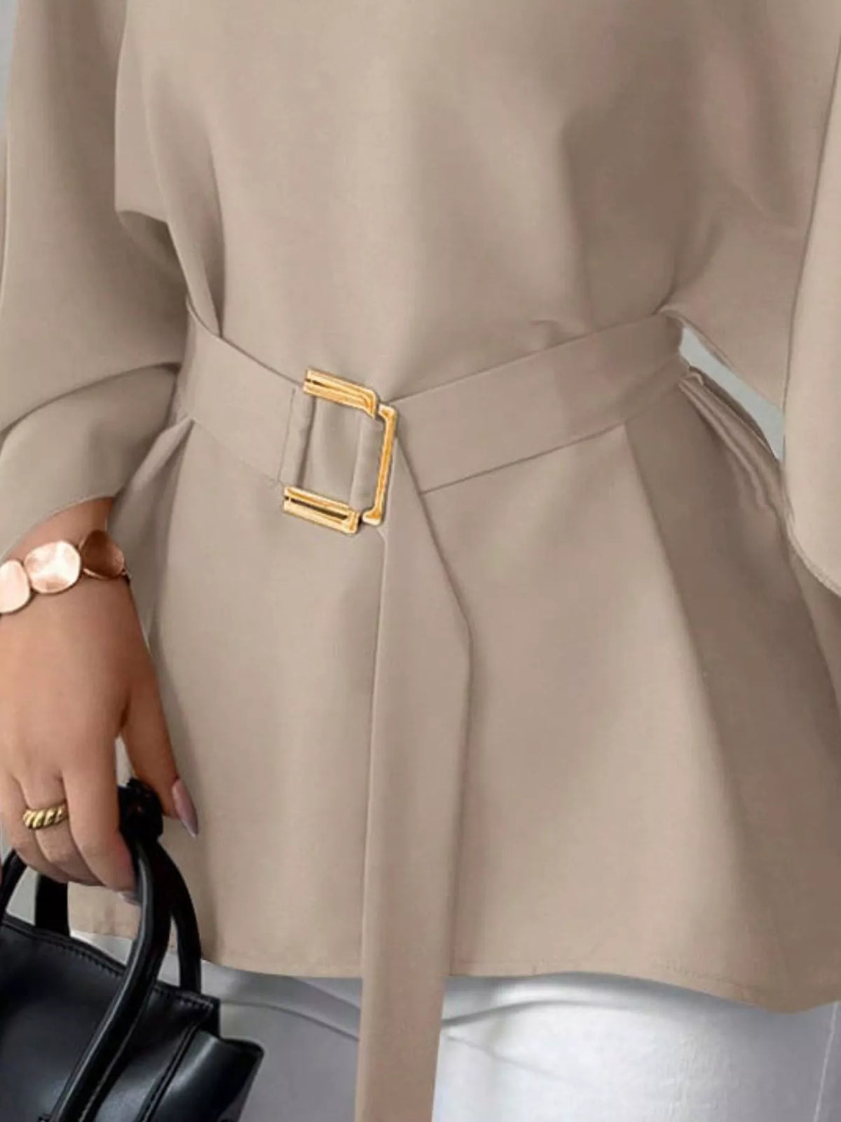 Round Neck Belt Batwing Sleeve Blouse - Lilixa.store