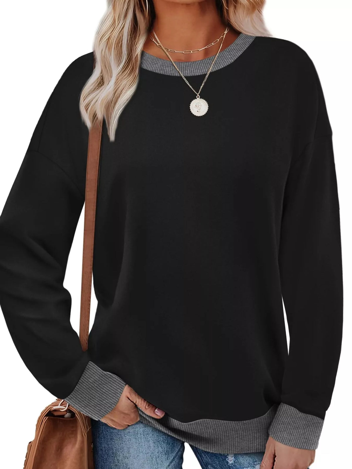 Contrast Trim Crew Neck Casual Sweatshirt - Lilixa.store