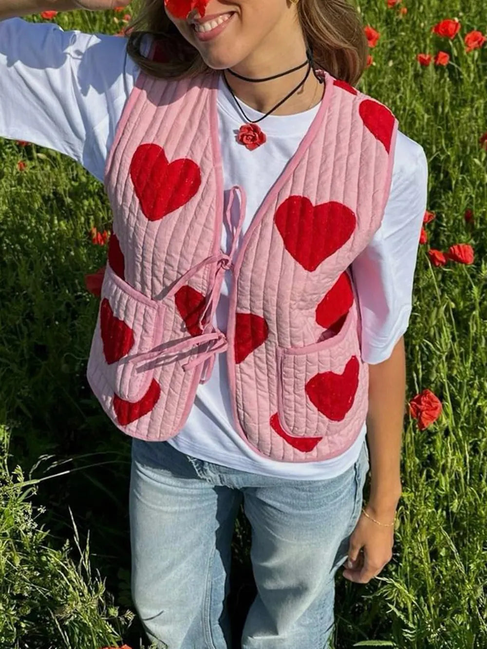 Tied Heart Vest with Pockets in Blush Pink