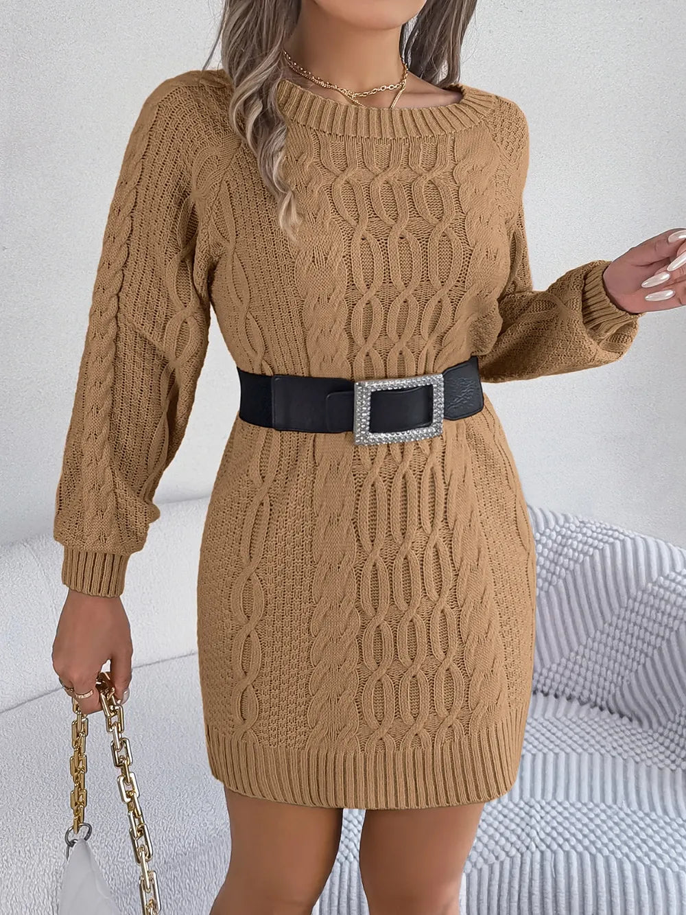 Cable-Knit Round Neck Sweater Dress, view 5