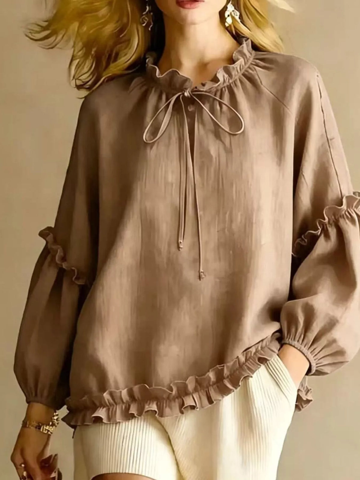 Frill Balloon Sleeve Blouse - Lilixa.store