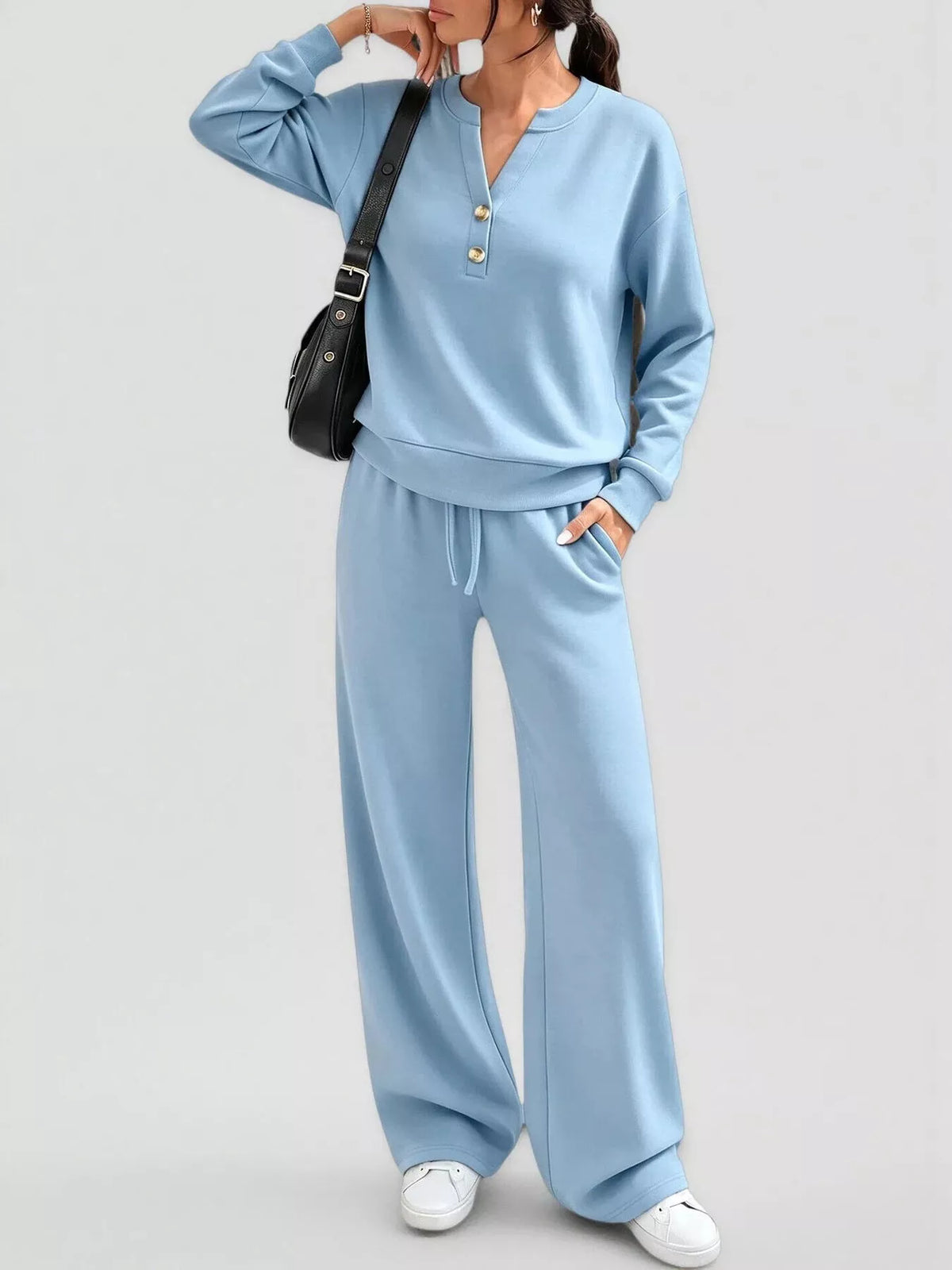 Button Detail Dropped Shoulder Top and Pants Set - Lilixa.store