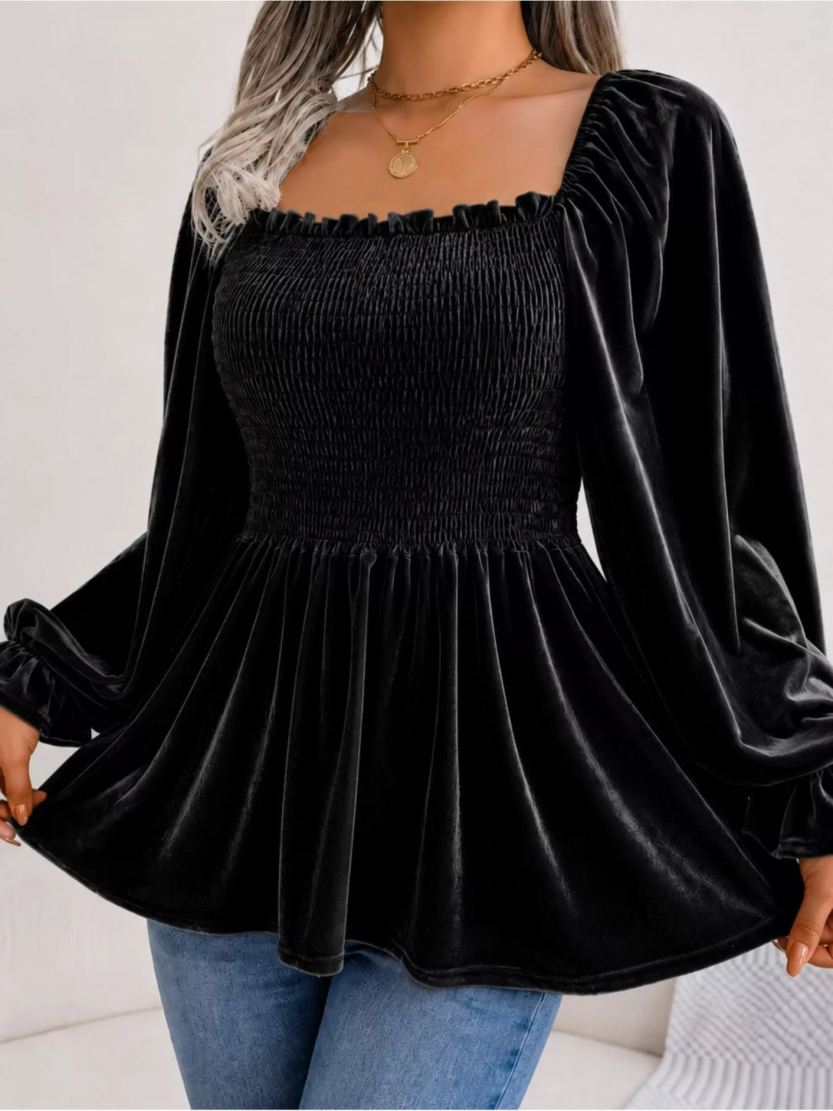 Velvet Smocked Peplum Blouse