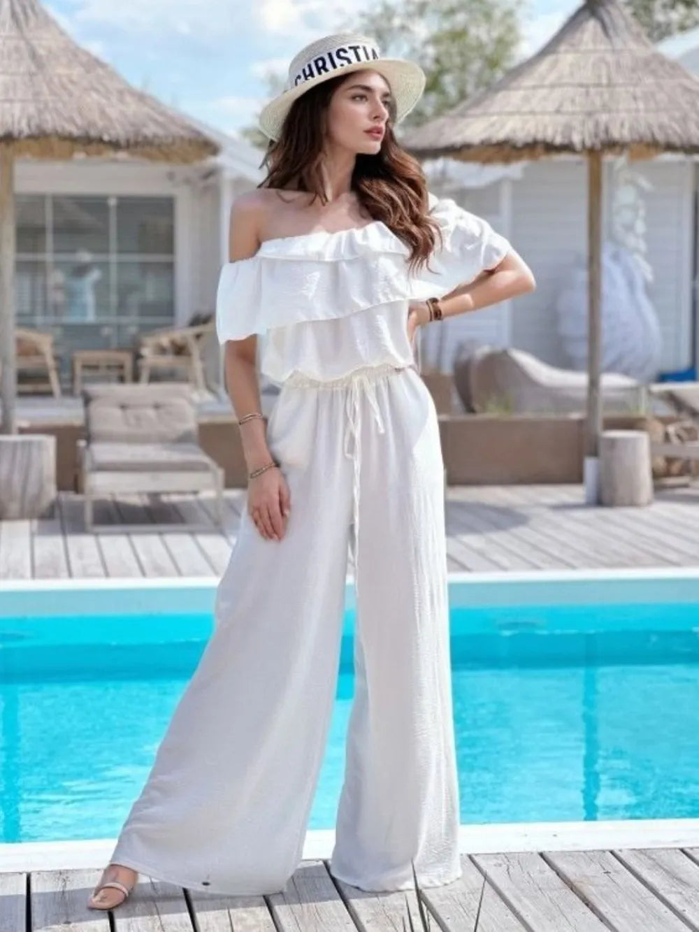 Ruffled Off  Shoulder Wide Leg Jumpsuit - Lilixa.store