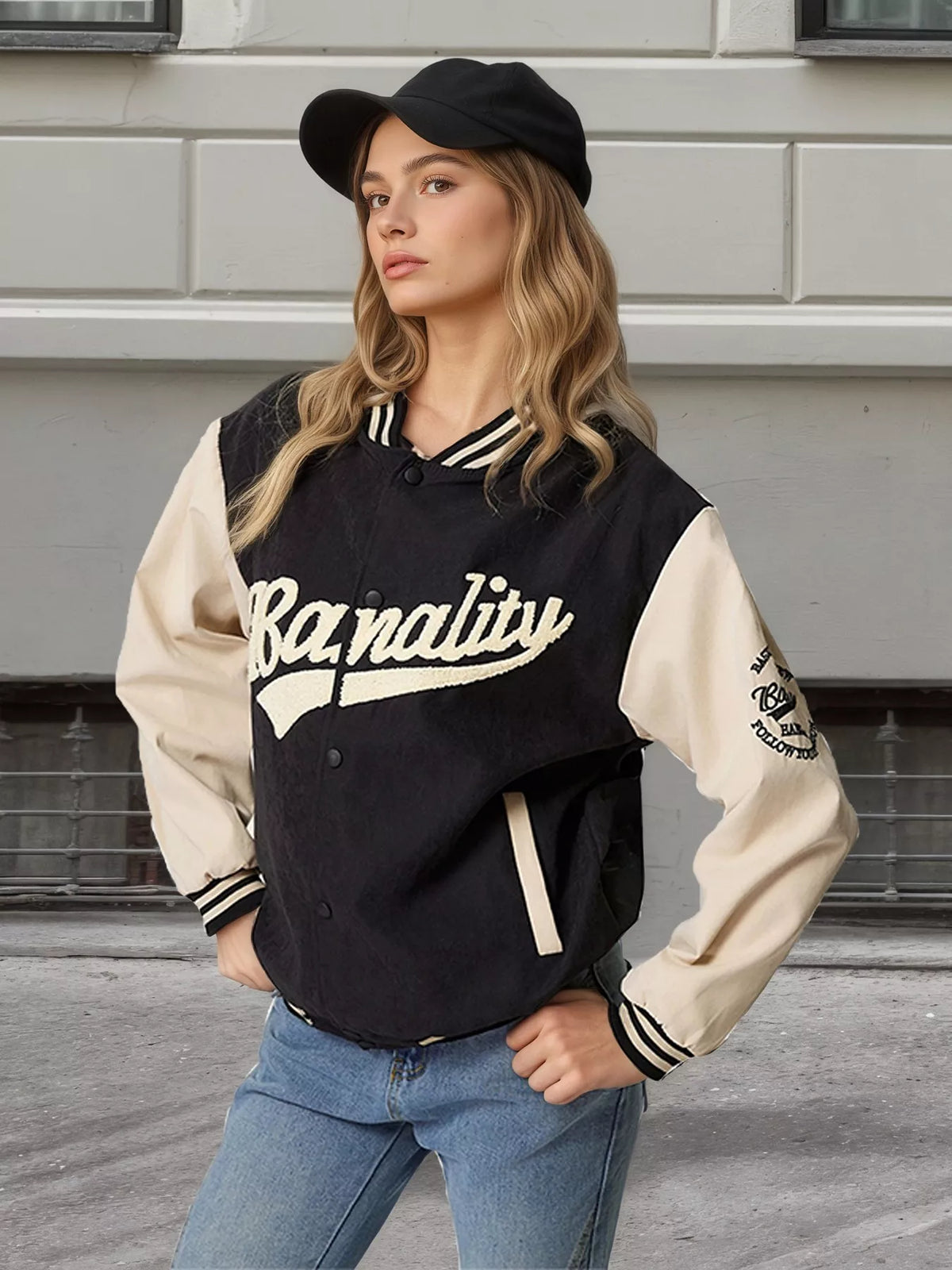 Contrast Baseball Jacket with Embroidered Lettering in Black