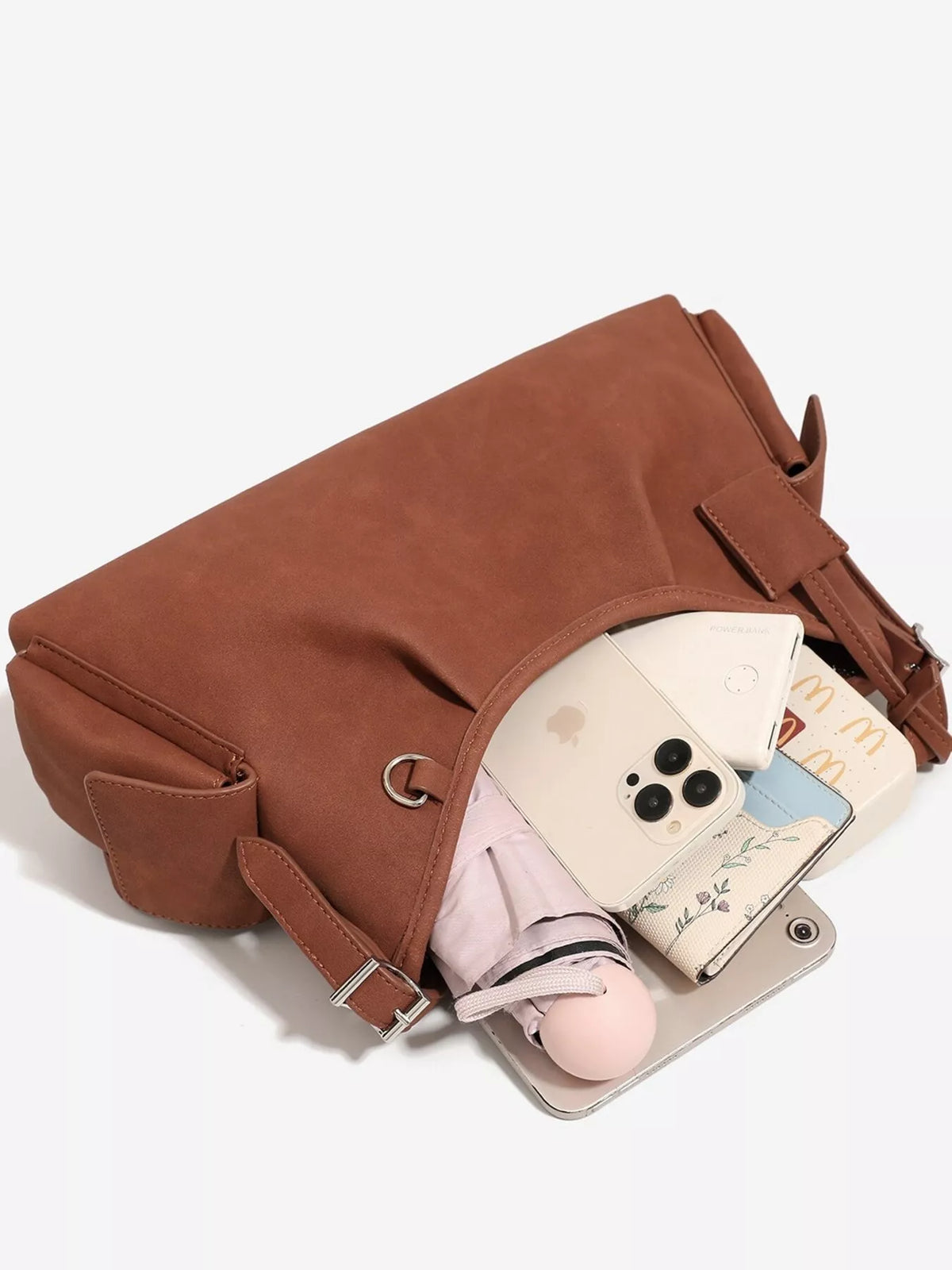 Suede Ruched Shoulder Bag in Brown, view 5